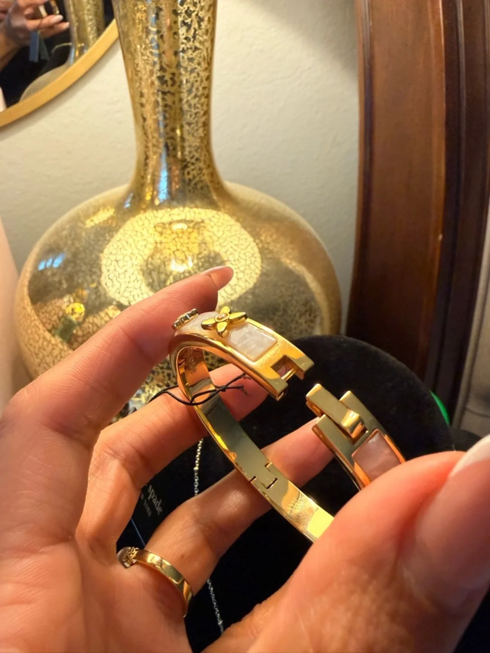 Kate Spade Gold and Mother-of-Pearl Heritage Bloom Hinged Bangle Bracelet - Picture 3 of 7